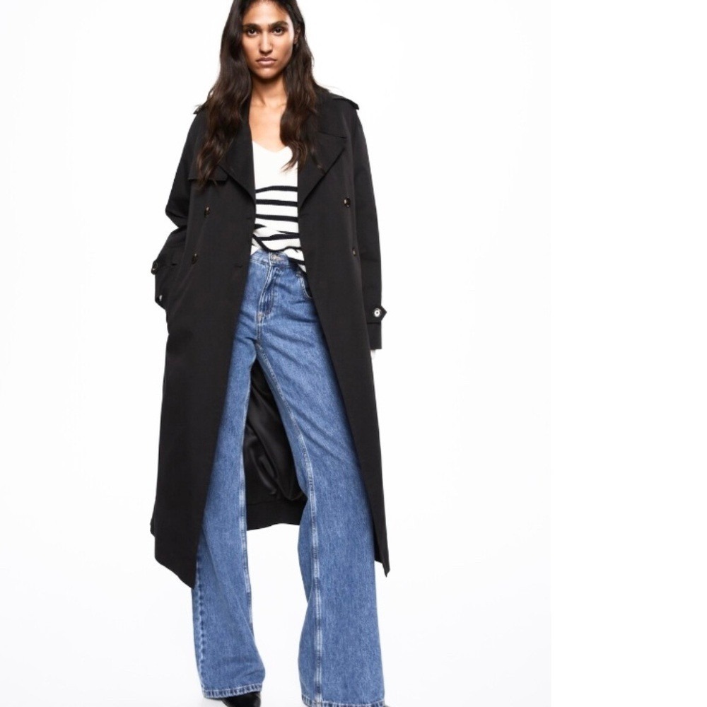 NWT MNG Water Repellent Oversized Double Breasted Trench Coat Womens XXS Black
